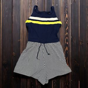 Vintage Modest Swimsuit One Piece Navy‎ Blue Nautical Striped 12 Medium